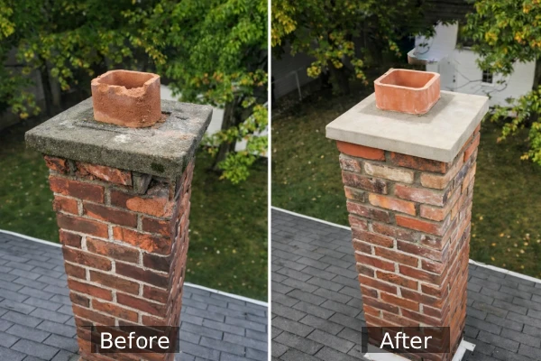 Before and after images of a chimney repair