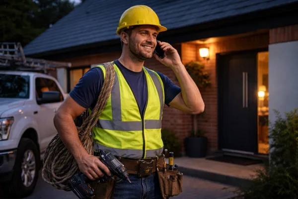 Roofing expert on the phone in the evening