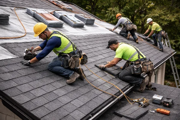 Roofing experts installing new roof