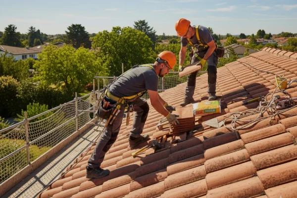 a tile roof being repaired by a couple of roofing experts